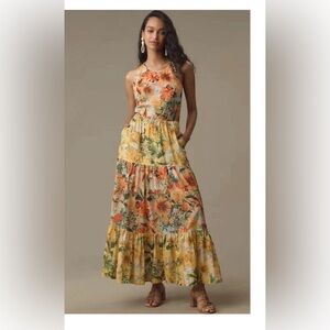 Anthropologie Pilcro Maxi Dress Yellow Floral Halter Tier Vacay Tropical large